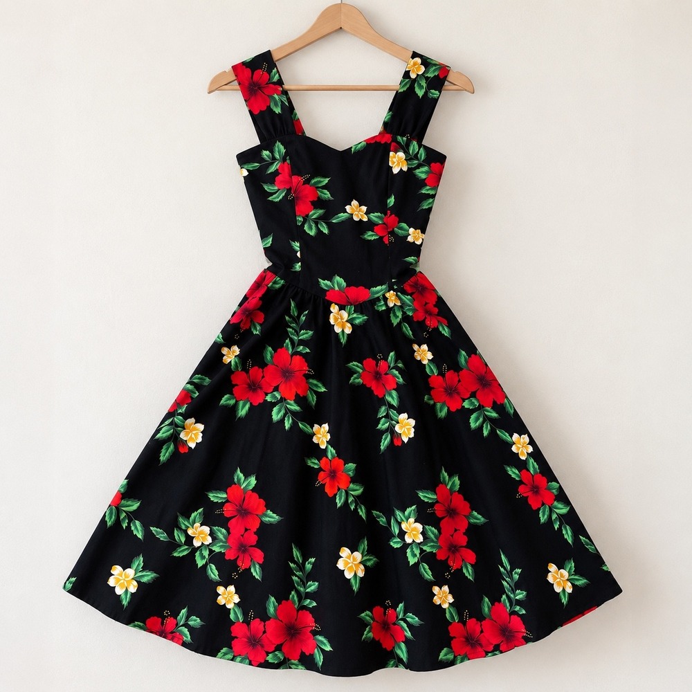 Royal Creations Hawaiian Floral Dress Black Red Hibiscus Pinup Rockabilly Large